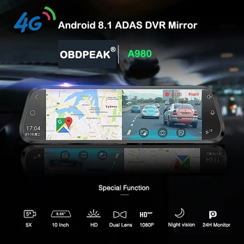 10 Palcový FHD 1080P 4G Auto Dash DVR Spätného Prúdu Fotoaparát Zrkadlo Bluetooth FM ADAS Wifi GPS DashCam Video Registrator Auto Dvr