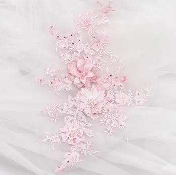 1 Kus 40*25 cm Ružová Fialová Elegantný 3D Kvetinové Výšivky Pearl Korálkové Čipky Nášivka Čipkou Trim Šaty Textílie Materiál DIY Plavidlá