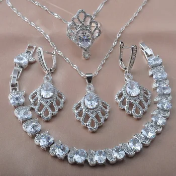 Elegantné Strieborné Farebné Šperky Sady Pre Ženy, Svadobné Šperky Biele Zirkóny Náušnice Krúžky Náramok, Náhrdelník YZ0622