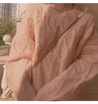 Mohair Japonský mäkké malátny je lenivý vietor uvoľňovania twist ružový sveter zrastov nosiť dlhé ms qiu dong