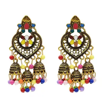 Vintage Žien Retro Strapec Indickej Náušnice Etnických Dámy Zlato Bell Multicolor Korálky Strapec Duté Jhumka Náušnice Cigán Jewelr