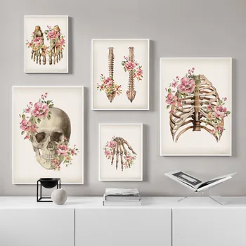 Kvetinový Anatómie Lekárskej Plátno Na Maľovanie Lebky, Chrbtice Hrudný Kôš Kostra Plagát Na Stenu Umelecké Reprodukcie Obrazu Moderného Obývacej Miestnosti Dekorácie