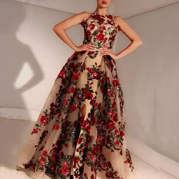 Ženy Kvetinový Vintage Večera Šaty Žena Sequin Nášivka Elegantné Módne Bez Rukávov Slim Big Swing Dlho Party Šaty Nové 2020