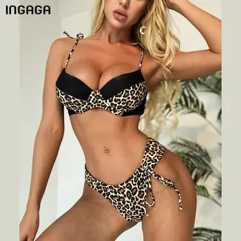 INGAGA Push Up Bikiny 2021 Plavky Leopard Biquini Patchwork Plavky Ženy Sexy High Cut Brazílske Bikini Set plavky