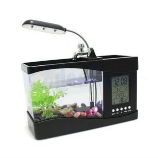 Doma Akvárium Malé akvárium USB LCD Stolné Lampy, Svetelné LED Hodiny Biele