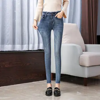 Džínsové tkaniny jar džínsy ženy džínsy umyté ceruzka džínsy s vysokým pásom členok-dĺžka nohavice elastické slim nohavice študentov džínsy