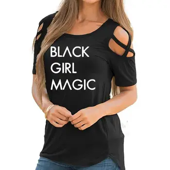 Nové Módne T-Shirt Pre Ženy ČIERNY DIEVČA MAGIC Listov Tlač Obväz Mimo Ramenný Harajuku Tričko Topy Plus Veľkosť Roztomilý Bavlna