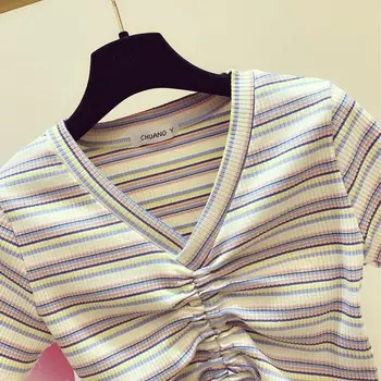 95% Bavlna Elegantné Prúžkované Šaty Dúha-Krátke rukávy T-shirt dámske Vysokým Pásom Šnúrkou Letné Top Tričko Hot Ženy