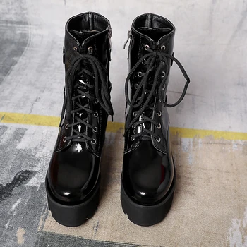 Čierne topánky na platforme ženy, Nový gotický topánky punk motocykel botičky veľkých rozmerov 12 43 Botas čipky zips členková obuv pre ženy