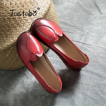 Tastabo Originálne Kožené dámske topánky veľkosť ploché topánky Jednoduché ležérny štýl S2591 Červená Šedá Mäkké dno denne ploché topánky