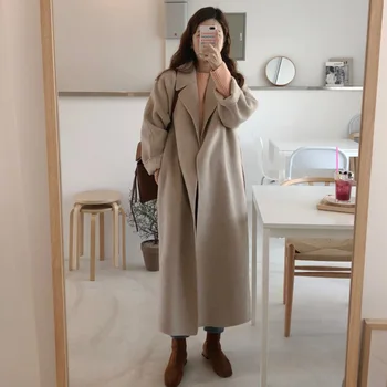 Ženy Kórejský Zimné Dlhý Kabát Klope Pás-V Teple Cashmere Outwear Voľné Cardigans Celý Rukáv Elegantné Kabáty Žena