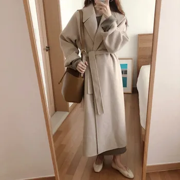Ženy Kórejský Zimné Dlhý Kabát Klope Pás-V Teple Cashmere Outwear Voľné Cardigans Celý Rukáv Elegantné Kabáty Žena