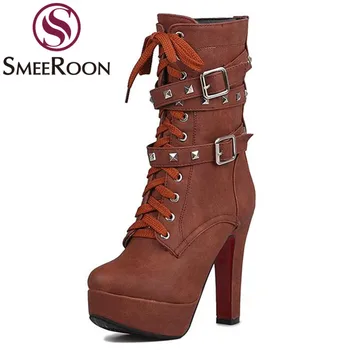 Smeeroon veľká veľkosť 34-47 zimné topánky žena kolo prst členok, topánky šnurovacie dámske topánky na vysokom opätku punk cool dievča motocykel topánky