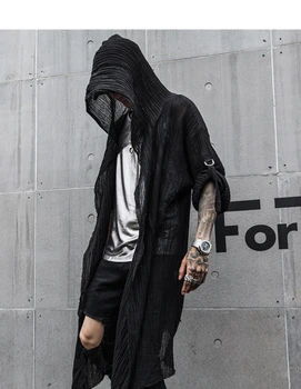 Harajuku Extra dlhé pánske košele s kapucňou Dlhý rukáv Voľné Solid Black Punk rock 2019 Jar Leto