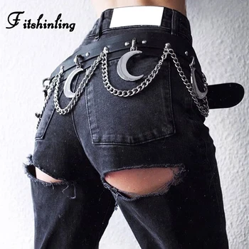Fitshinling Gotický Dark Moon Pás Pásy Pre Ženy PU Fashion Reťazca Punk Príslušenstvo Black Grunge Faux Kožené Ženský Pás Predaj