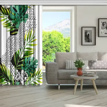 Opona Tropická Zeleň Palm Monstera Listy a Doodle Vzory, Moderné umelecké Diela Zelená Čierna
