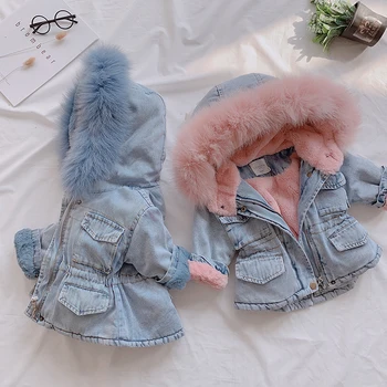 2019 Zimné Baby Girl Denim Jacket Plus Velvet Real Kožušiny Teplé Batoľa Dievča Vrchné Oblečenie Kabát 4-12 Rokov Deti Detská Dievča Vetrovka