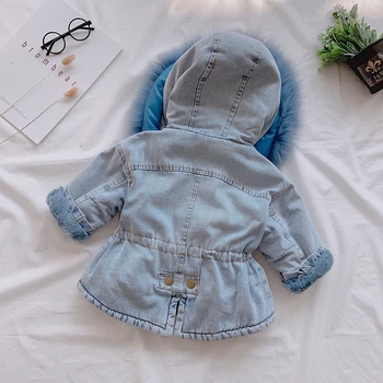 2019 Zimné Baby Girl Denim Jacket Plus Velvet Real Kožušiny Teplé Batoľa Dievča Vrchné Oblečenie Kabát 4-12 Rokov Deti Detská Dievča Vetrovka