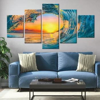 5 Kus Steny Umenie západu Slnka Vlny Seascape Plagát Plátno, Maľovanie na Oceán krajiniek pre Obývacia Izba Domov Dekor