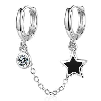Nový Príchod 925 Sterling Silver Dvojité Otvor Prebodol Náušnice Šperky pre Ženy Darček Jednoduché Black Star Zirkón Strapec Hoop Náušnice