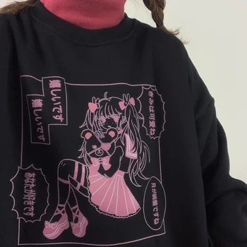 Gotická Oblečenie Veľkosti Anime Tlač Harajuku Dlhý Rukáv Ženy s Kapucňou, Vintage Dropshipping Čierna Mikina Streetwear Y2K kórejský Top