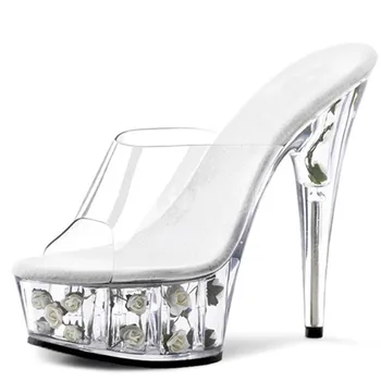 Najlepšie predaj Krásne Slip-On Rose Ženy Sandále Transparentné PVC Otvorené Prst Vysoké Podpätky, Sexy Ženy, Papuče dámske Topánky Zapatos Mujer