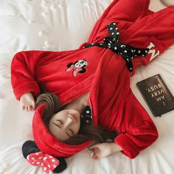 Nightgown ženy zimné dlhým rukávom hrubé flanelové roztomilý kreslený Mickey červený coral fleece teplé pyžamo dámske nightgown