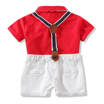 Wasailong baby boy šaty Letné krátky rukáv gentleman červenú kravatu bežné popruh tričko + biele šortky 2ks novorodenca sady