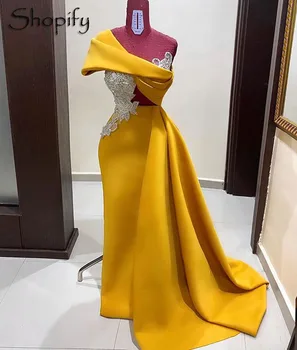 Dlhý Elegantný Morská Víla Večerné Šaty 2020 Jedného Pleca Bez Rukávov Korálkové Žltá Bavlna Dubaj Ženy Afriky Formálne Šaty