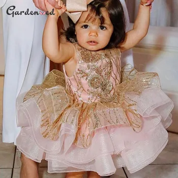 Luxusný Lesk Deti Party Šaty Vrstvy plesové Šaty Dievča Princezná Šaty Flower Appliques Baby Girl Dress платья для девочек 2021