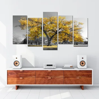 5 Kusov Plátno na Maľovanie Vytlačí Žltá Strom Čiernej a Bielej Jeseň Krajiny Home Office Stenu Decor