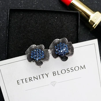 Móda Stud Náušnice pre Ženy Čierny Modrý Zirkón Kvet Crystal Výročie Svadby Darčeky Vintage Šperky Elegantné Náušnice