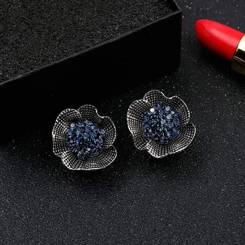 Móda Stud Náušnice pre Ženy Čierny Modrý Zirkón Kvet Crystal Výročie Svadby Darčeky Vintage Šperky Elegantné Náušnice