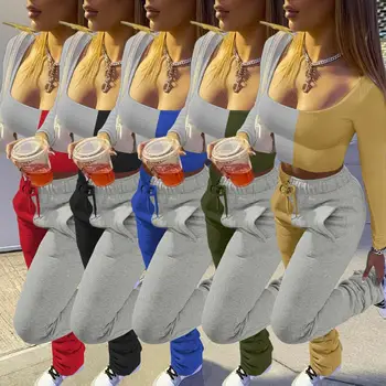 Bežné Farebná Mozaika Skladaný Nohavice Joggers Nastaviť Úplné Rukáv Tričko + Dlhé Nohavice Bežcov S Vrecku Zimné Oblečenie Pre Ženy