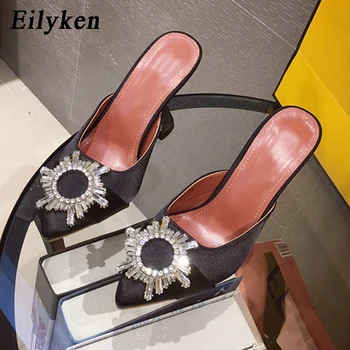 Eilyken 2021 Sun Flower Crystal Fashion Ženy Čerpadlá Sexy Drahokamu Spike Vysoké Podpätky Strany Hodváb Ukázal Prst Tkaných Papuče