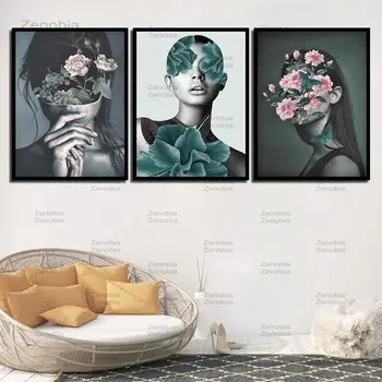 Akvarel Maliarske Plátno Tlačiť HD Obraz, Plagát, Ružové Kvety Žena Nordic Wall Art Obývacia Izba, Spálňa, Nočné Domova