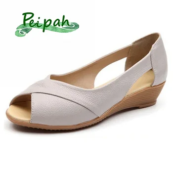 PEIPAH Plus Veľkosť 35-43 pravej Kože Kliny Sandále Ženy Letné Topánky Bežné Pošmyknúť Na Peep-toe Sandále Pevné Sandále na Platforme