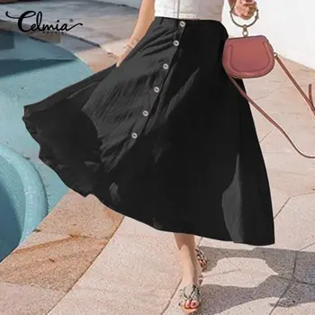 Celmia Ženy Vintage Bielizeň Dlhé Sukne 2021 Módne Bežné Sukne Voľné Tlačidlá Skladaný Pláži SkirtHigh Elastický Pás Sukne 7