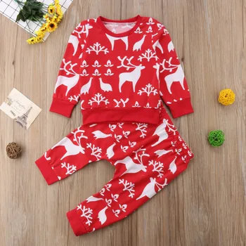 Detská Baby Chlapci, Dievčatá, Červená Vianočné Sobov Topy+Nohavice Oblečenie Oblečenie Set