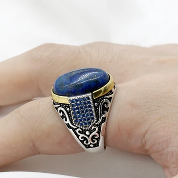 Vintage Prírodný Kameň Lapis Lazuli Mužov Krúžok Rýdzeho Striebra 925 Pripraviť Nastavenie Modrá CZ Muž Krúžky Starožitné Strieborné Šperky Turecko