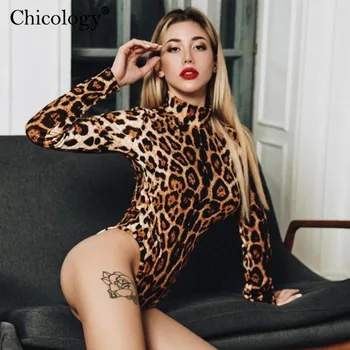 Chicology ženy leopard sexy kombinézu dlhý rukáv turtleneck telo vyhovovali 2019 jeseň zima strany klubu streetwear ženské oblečenie