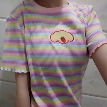 NYOOLO Ležérny štýl Jahoda Výšivky Rainbow Prekladané Tenký, Krátky rukáv T-shirt Ženy 2020 Lete sladké dievčatá tee tričko Topy