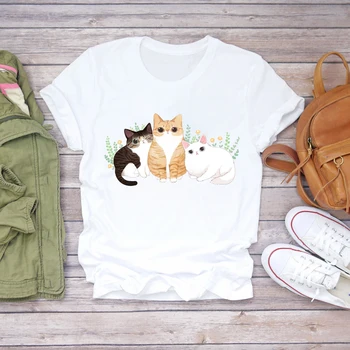 Ženy Kreslených Mačka Kvet Cartoon Kawaii 90. rokov Zvierat Módy Tlače Lady T-shirts Top Dámske Grafické Tričko Ženský Čaj T-Shirt