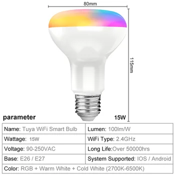 Tuya Smart Žiarovka 15W E27 WiFi LED Žiarovky RGB Farby a 2700K-6500K Biela Pracovať s Alexa Domovská stránka Google APP Stmievateľné
