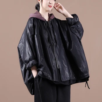 Ženské nové jesenné a beiginning zimné kórejský štýl plus veľkosť literárny lem páse s nástrojmi bat rukáv voľné PU kožené sako