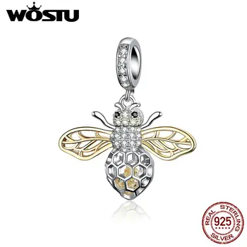 WOSTU Med Včelí Plást Charms 925 Sterling Silver Motýľ Dragonfly Smalt Zirkón Korálky Prívesok DIY Náramok Šperky Robiť