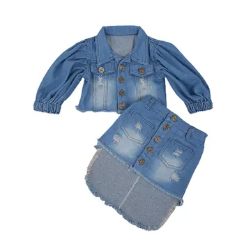 2 ks Nastaviť Deti Modrý Obláčik Rukáv Fashion Jeseň Oblečenie Otvoriť Predné Denim Jacket+Nepravidelný Lem Sukne Batoľa Detská Oblečenie