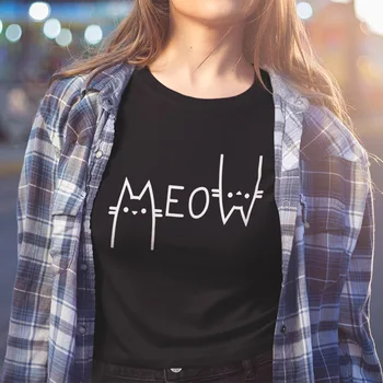 Mňau Cat T Shirt Nové Arrivl Line Design Zvierat Tee Tvorivé Slovo Tlačené Okolo Krku Tričko Roztomilý Dievča Krátky Rukáv Bavlna Topy