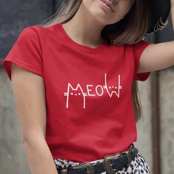 Mňau Cat T Shirt Nové Arrivl Line Design Zvierat Tee Tvorivé Slovo Tlačené Okolo Krku Tričko Roztomilý Dievča Krátky Rukáv Bavlna Topy