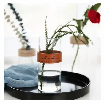Kreatívne kožené sklenené vázy Nordic jednoduché, transparentné kvetinové vázy sušené kvety hydroponických rastlín vázy, dekorácie